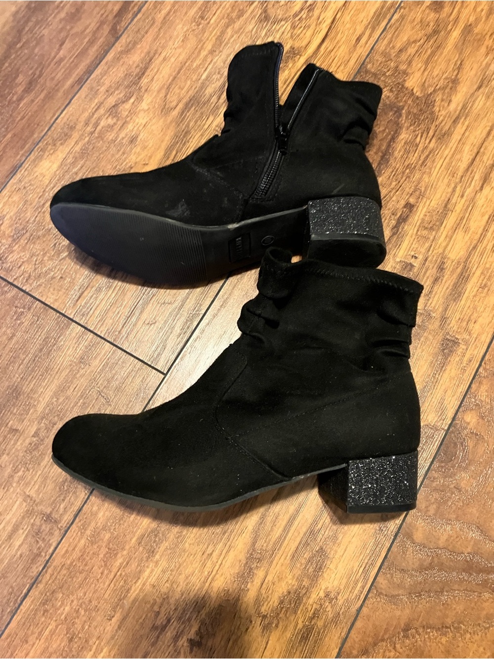 Black Suede Ankle Boots with Glitter Block Heel - Girls Sz 4